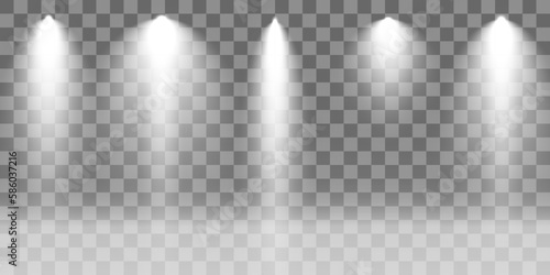 Set of Spotlight isolated on transparent background. Vector glowing light effect with white rays and beams. PNG. Vector illustration