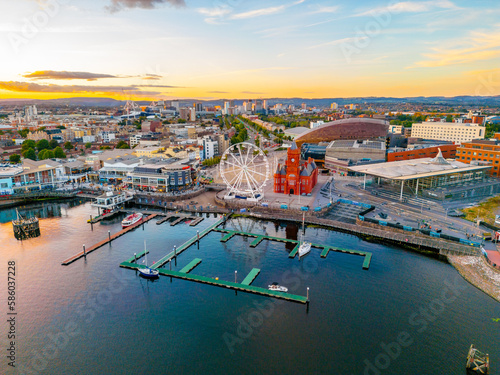 Sunset panorama view of Cardiff bay in Wales photo
