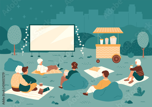 Outdoor cinema in public park. People resting in the night on blankets and cushion chairs. Cart with popcorn and drinks. Summer evening activities concept. Vector illustration.