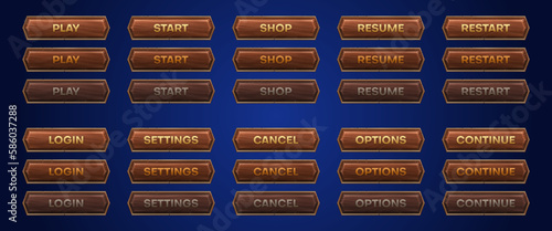 Medieval ui game wooden button with metal frame sprite for animation. Fantasy rpg title sign design on dark background. Isolated royal interface banner element assets. Ancient scratched wood bar icon
