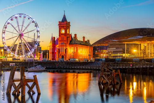 Photography Sunset skyline of Cardiff bay in Wales, UK