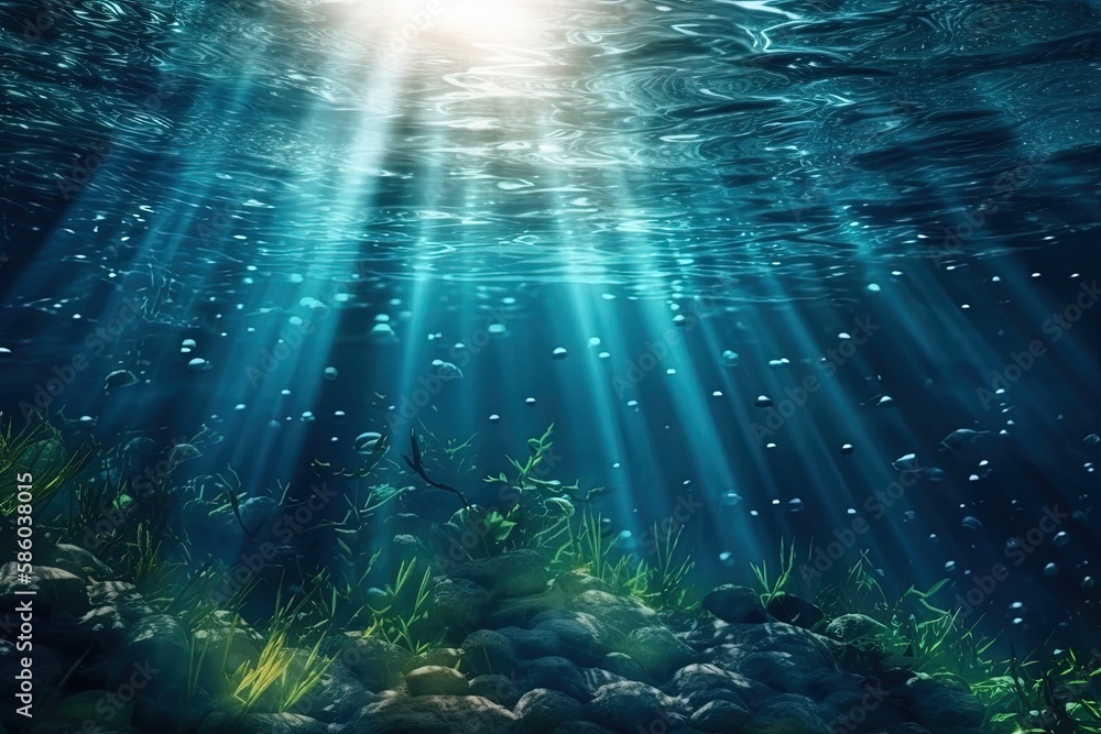 Illustration of sunlight shining through the clear blue water in an underwater scene created with Generative AI technology Illustration of sunlight shining through the clear blue water in an underwater scene created with Generative AI technology