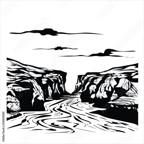 River flows between two cliffs as a background or image