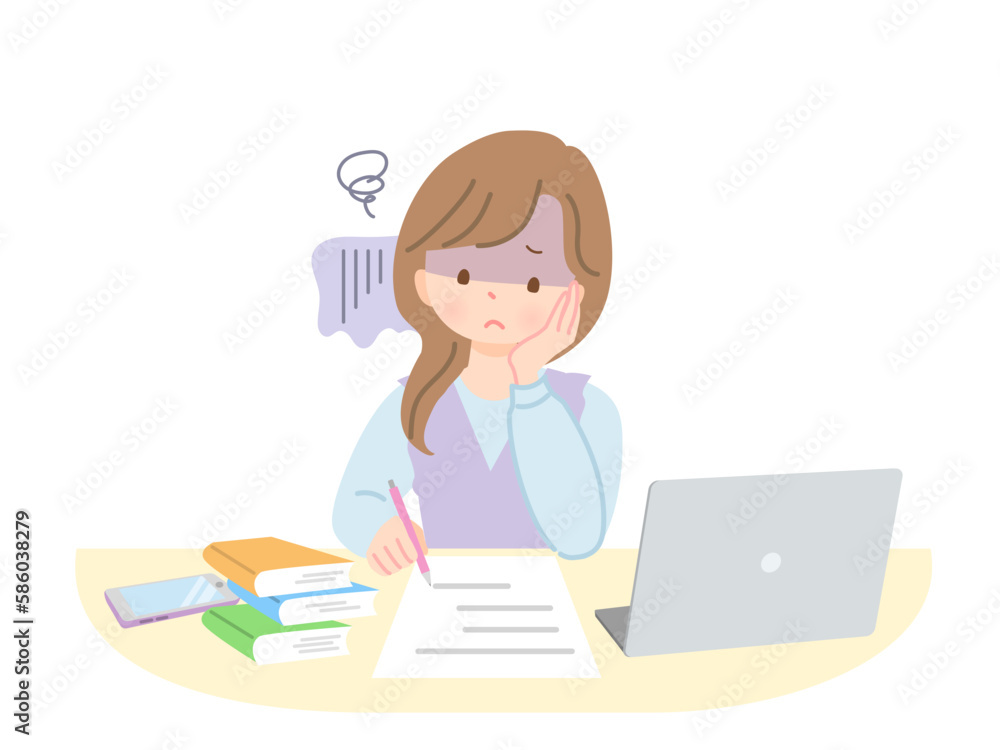 頬付を付きながら勉強する分な顔の若い女性