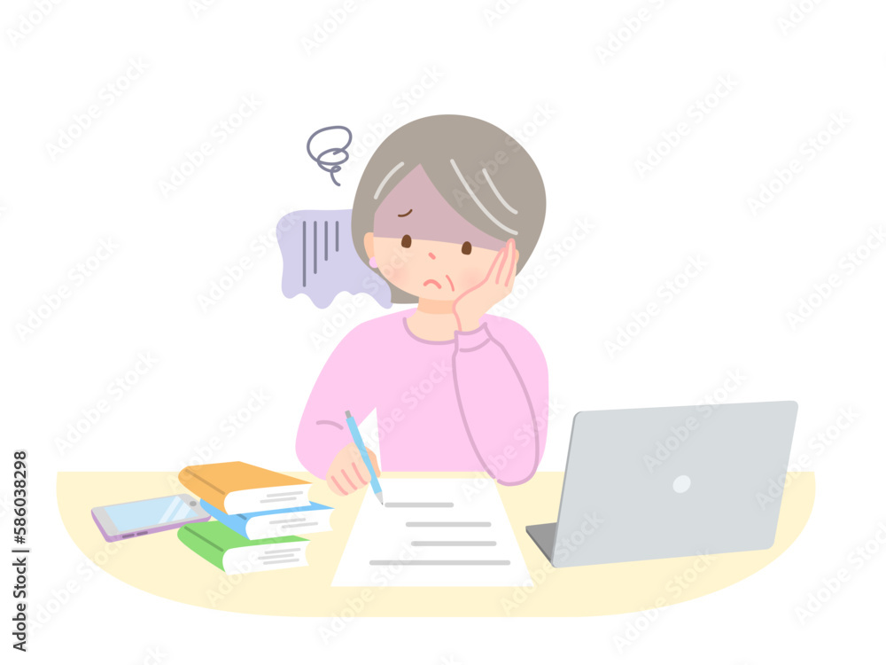 頬付を付きながら勉強する分な顔のシニア女性 頬付を付きながら勉強する分な顔のシニア女性