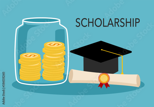 Graduation cap, diploma certificate roll and money in flat design. Education scholarship.