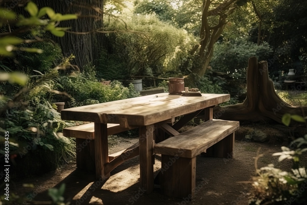 Rustic Wooden Table and Bench Set in a Beautiful Garden Setting created with Generative AI technology Rustic Wooden Table and Bench Set in a Beautiful Garden Setting created with Generative AI technology