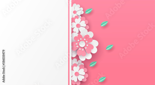 flower paper cut in vector art design with realistic shadows in pastel color tone . Frame or space for add the text label used for a magazine, web, signboard in shopping mall and the other.