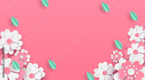 flower paper cut in vector art design with realistic shadows in pastel color tone . Frame or space for add the text label used for a magazine, web, signboard in shopping mall and the other.