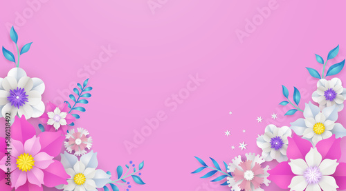 flower paper cut in vector art design with realistic shadows in pastel color tone . Frame or space for add the text label used for a magazine, web, signboard in shopping mall and the other.