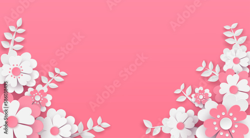 flower paper cut in vector art design with realistic shadows in pastel color tone . Frame or space for add the text label used for a magazine, web, signboard in shopping mall and the other.