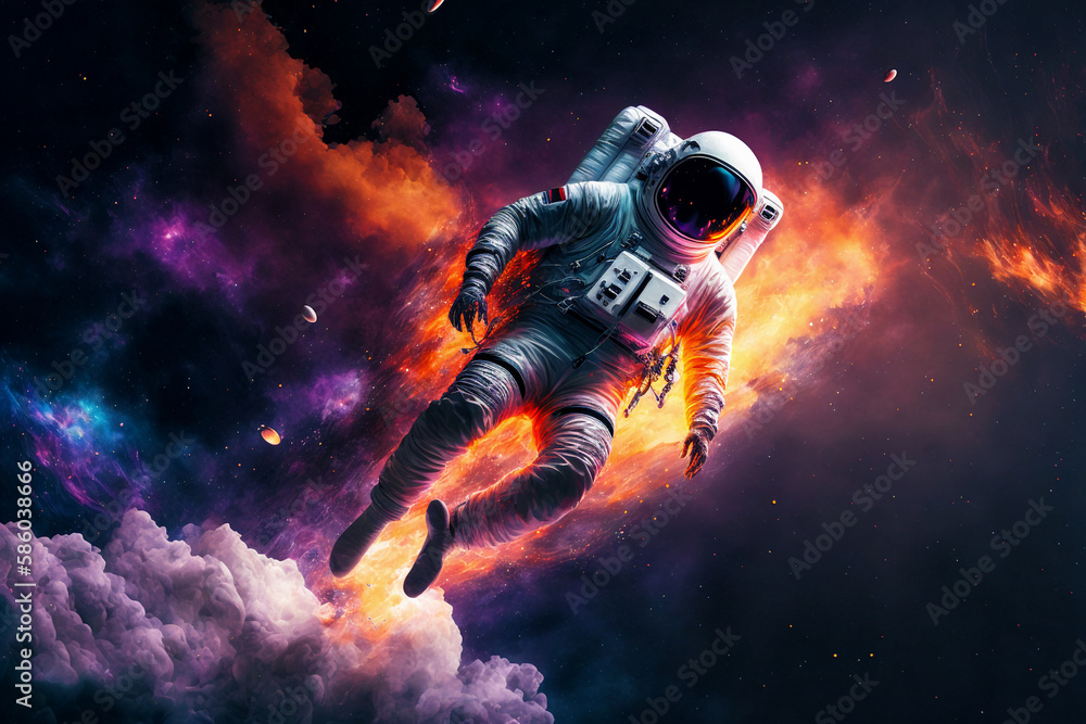 Fototapeta premium An astronaut in spacesuit floating in colorful, neon galaxy with clouds and nebula