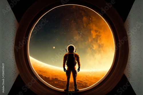 Astronaut looking out of the porthole of a spacecraft, gazing at the planet
