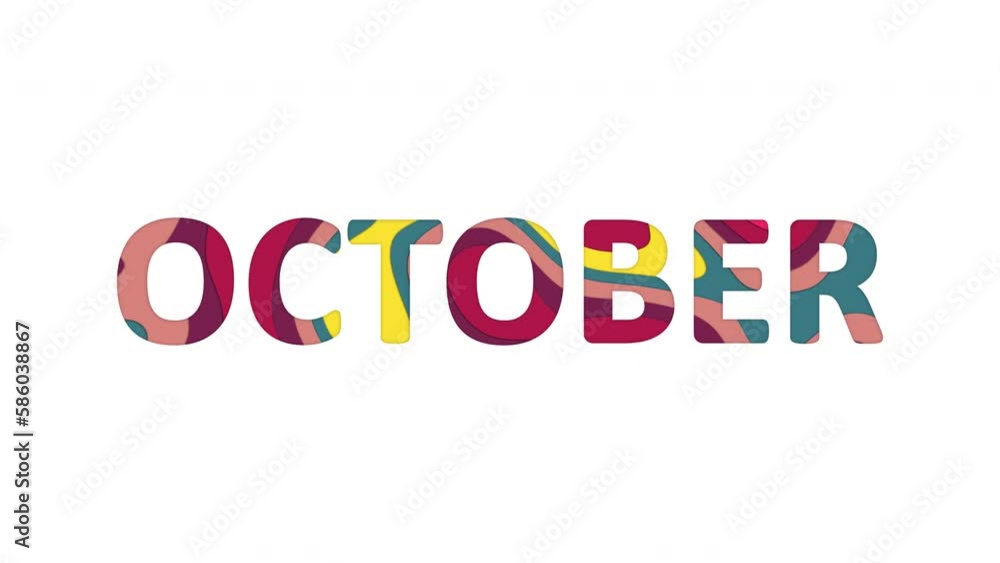 Multi-colored inscription name of the month OCTOBER with colored spots floating inside. Looped from frame 120 to 839, Alpha BW at the end Multi-colored inscription name of the month OCTOBER with colored spots floating inside. Looped from frame 120 to 839, Alpha BW at the end