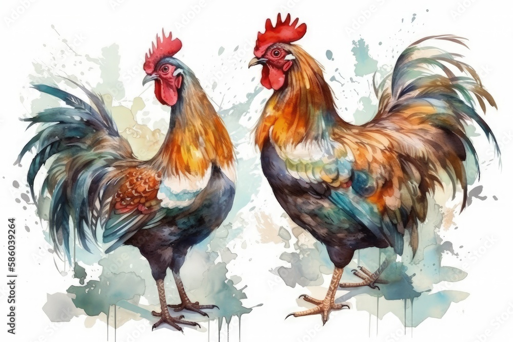 Fototapeta premium Illustration of two vibrant roosters standing side by side created with Generative AI technology