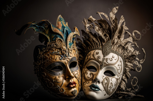 Venetian masks against dark background. Generative AI