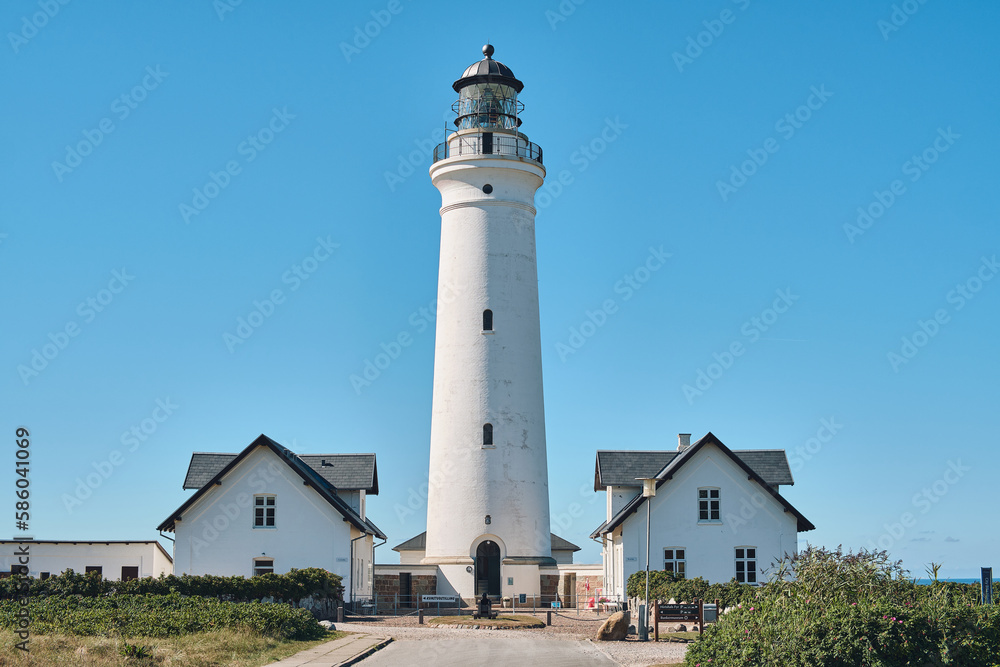 White Lighthouse Hirtshals Fyr at danish coast. High quality photo