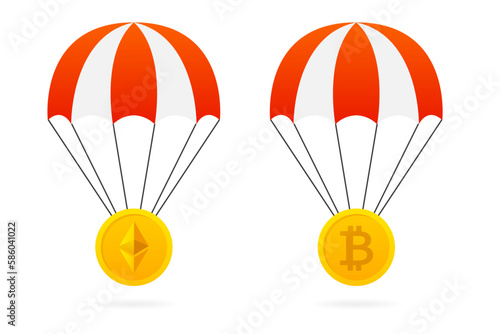 Ethereum, bitcoin coins airdrop. Smart contract, blockchain, technology, crypto, airdrop bounty. Free giveaway and contest promotion crypto coins. Crypto airdrop, financial future. Vector illustration