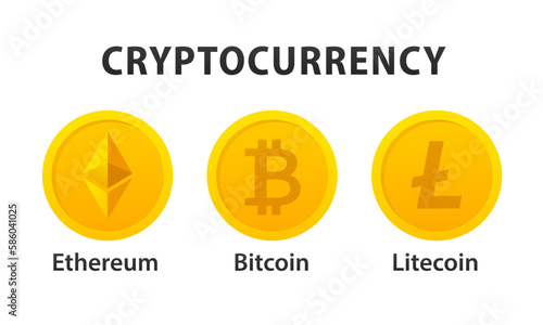 Ethereum, bitcoin, Litecoin. Set of Crypto Coin symbols. Cryptocurrency icons Smart contract, blockchain, technology, crypto, airdrop. Crypto airdrop, financial future. Vector illustration