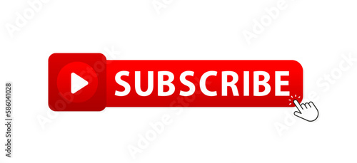 Template subscription button and finger click cursor. Subscription web button mockup. Blogging, promotion. Template subscription red button. Concept of social networks. Marketing. Vector illustration