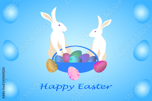 Happy Easter. White rabbits sit near a festive basket with Easter colorful eggs. Concept of Easter egg hunt or egg decorating art. Flat vector illustration isolated on azure blue background.