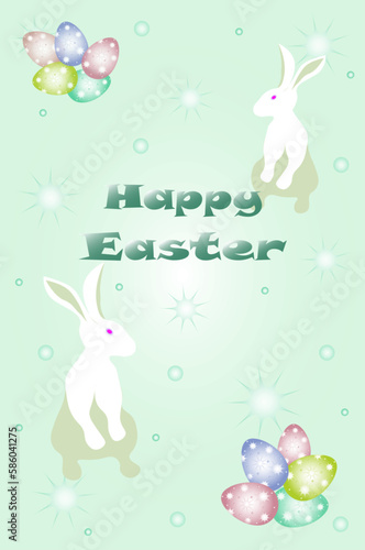 Greeting card for Easter Day with Easter eggs and rabbits on light blue background. Place for your text. Great for  cards, posters, flyer, invitation, party. Flat vector illustration 