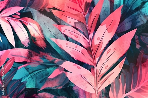 Illustration of pink and blue leaves on black background created with Generative AI technology