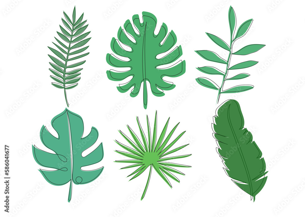 continuous one line drawing of green tropical leaves. Freehand drawing, black lines on a white background. continuous one line drawing of green tropical leaves. Freehand drawing, black lines on a white background.