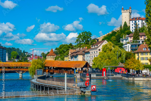 Panorama of Spreuerbruecke and historical fortification at Swiss town Luzern photo