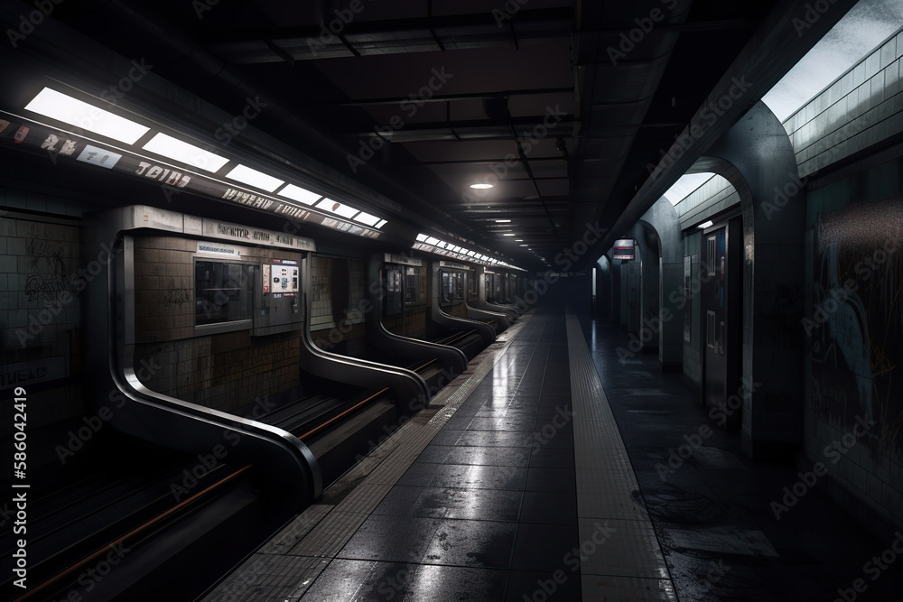 subway station at night scene. Generative AI subway station at night scene. Generative AI