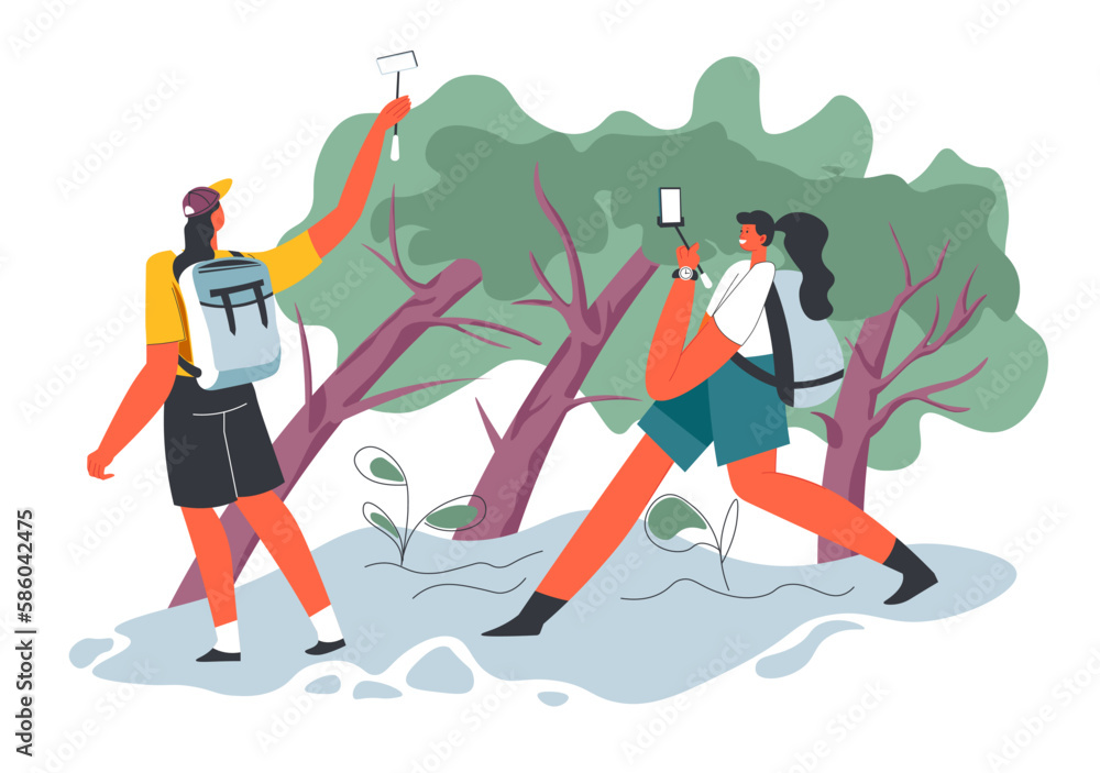 Fototapeta premium Friends hiking or traveling in forest or park
