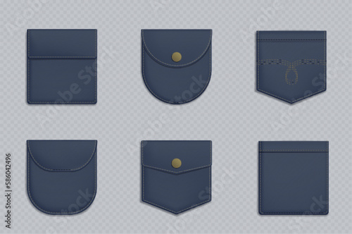 Realistic jeans texture back pocket patch vector. 3d blue denim fabric pattern for cloth detail with stitch on transparent background. Pants accessory with seam and button illustration set.