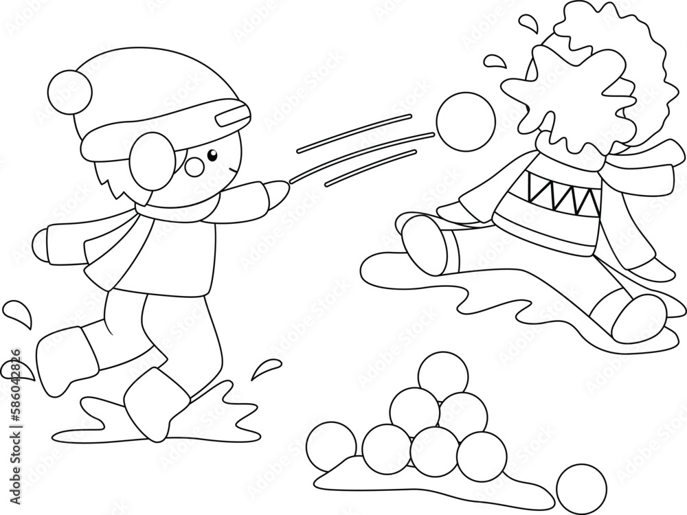 a vector of kids having snowball fight in black and white coloring a vector of kids having snowball fight in black and white coloring
