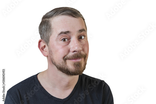 Portrait of an attractive bearded man of European appearance, with a slight gray hair, on an isolated white background. Naive facial expression. Expression of emotions of a man.
