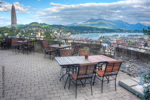 Terrace overlooking Luzern town in Switzerland photo