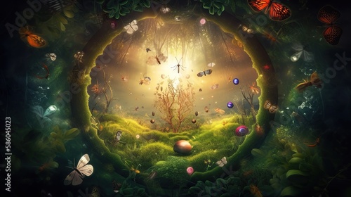 Beautiful fantasy enchanted forest with butterflies, flowers and copy space. Fairy tale outdoor background. AI generative image.