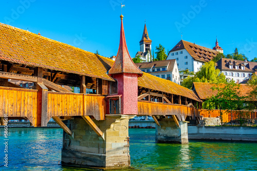 Panorama of Spreuerbruecke and historical fortification at Swiss town Luzern photo