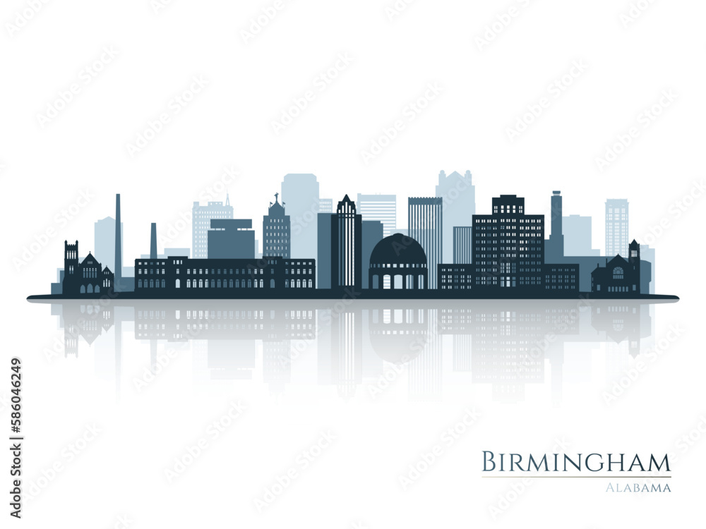 Obraz premium Birmingham skyline silhouette with reflection. Landscape Birmingham, Alabama. Vector illustration.