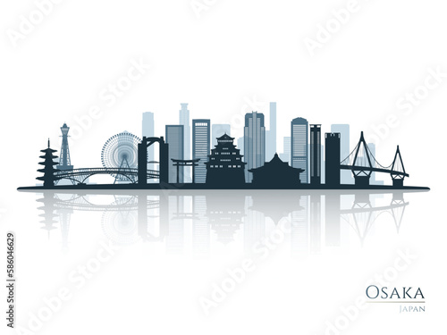 Osaka skyline silhouette with reflection. Landscape Osaka, Japan. Vector illustration.