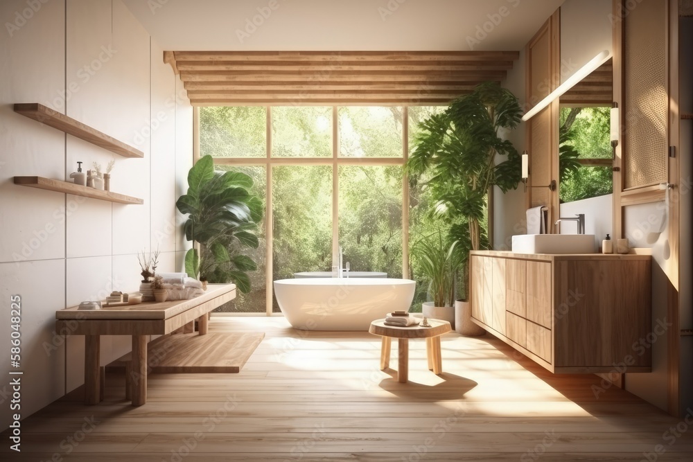 luxurious bathroom with a large window and a freestanding tub created with Generative AI technology