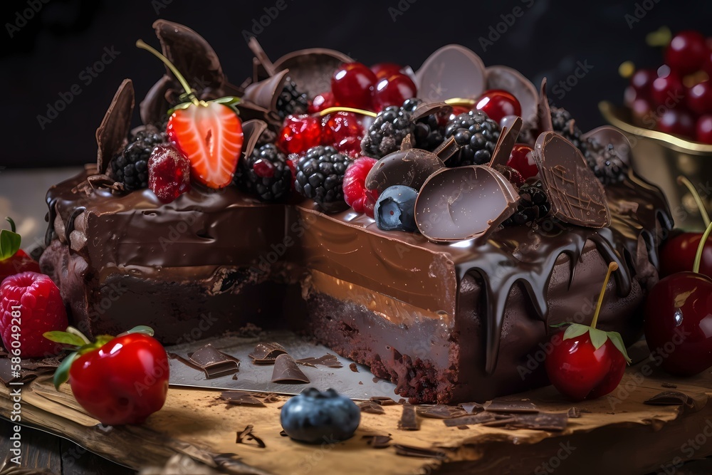 ﻿A chocolate cake with berries on top - Generative AI