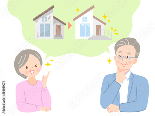 家のリフォームを考えるシニア夫婦のイラスト素材