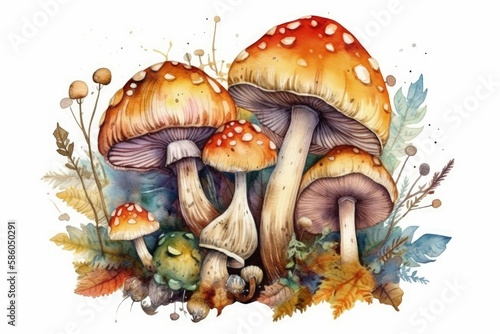 Illustration of mushrooms resting on a bed of autumn leaves created with Generative AI technology