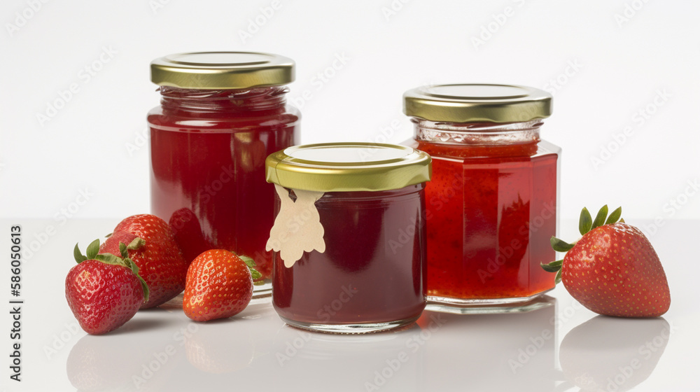 Strawberry jam with strawberry fruit on white background with Generative AI Strawberry jam with strawberry fruit on white background with Generative AI