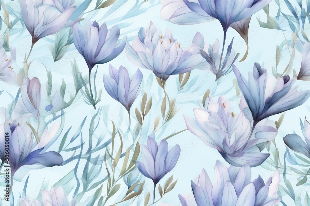 Illustration of purple flowers painted with watercolors on a blue background created with Generative AI technology