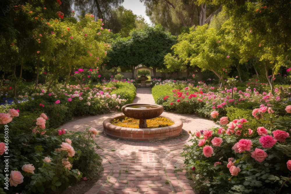 stone fountain in rose garden with pink roses created with Generative AI technology