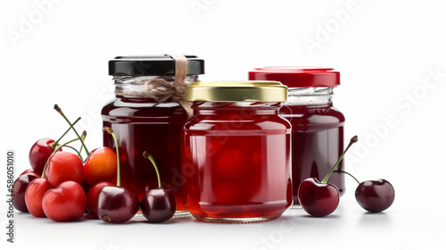 Cherry jam with juicy cherries Jars on white background with Generative AI
