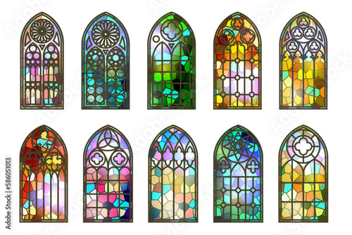 Gothic stained glass windows. Church medieval arches. Catholic cathedral mosaic frames. Old architecture design. Vector set