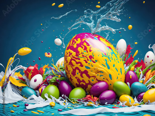 Illustration of Easter colorful eggs and large rainbow egg swirling in water splash. Generative AI photo