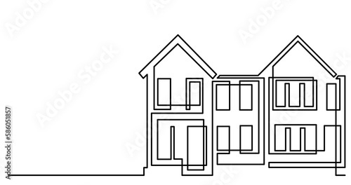 continuous line drawing of townhouses exterior in suburb neighbourhood as real estate home property concept - PNG image with transparent background